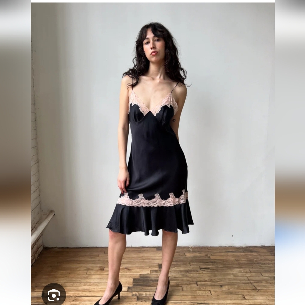 Victoria's Secret Black Slip Midi Dress with Pink Lace Trim
